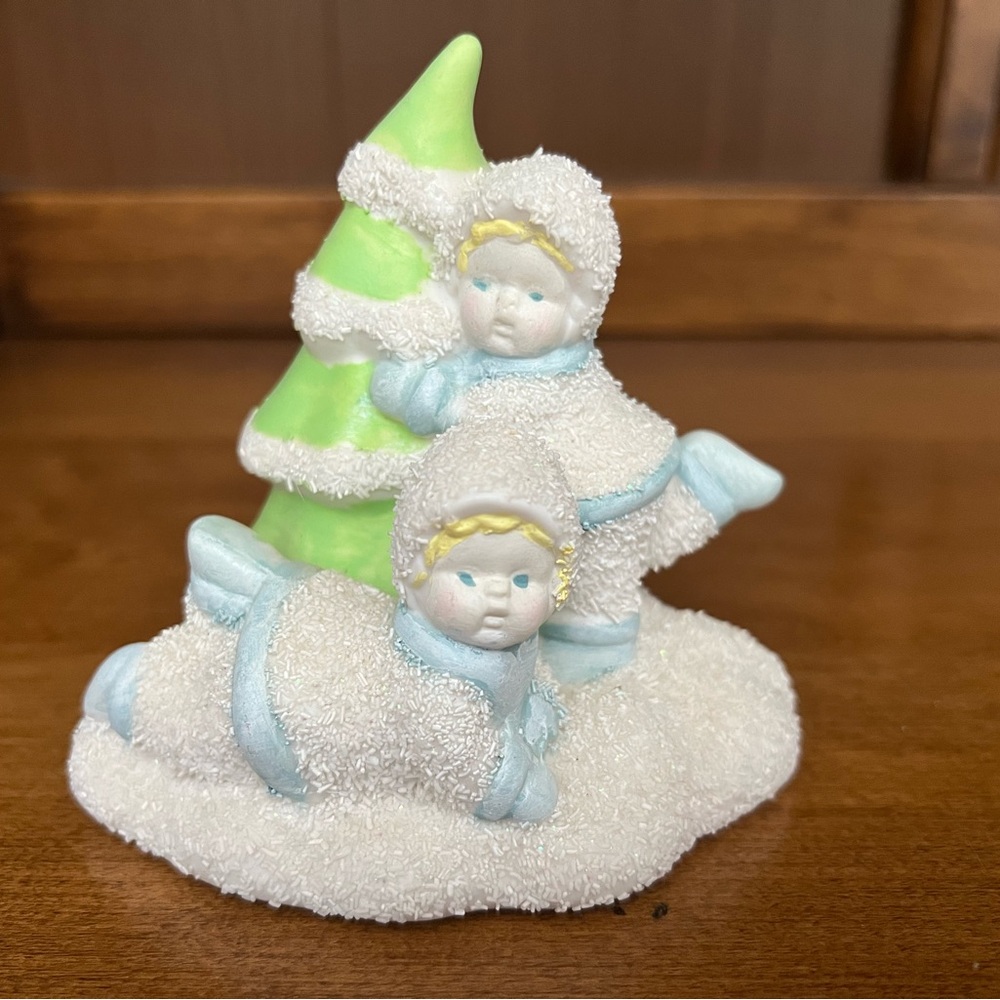 Snow babies White and Blue figurine with White and Green Christmas Tree.
